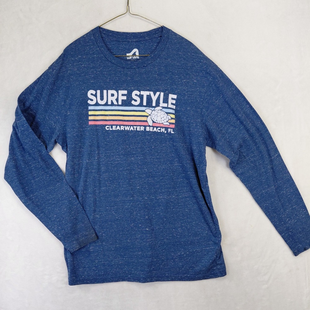 Surf Style Clearwater Beach FL Long Sleeve Graphic Tee Blue Heathered Mens L